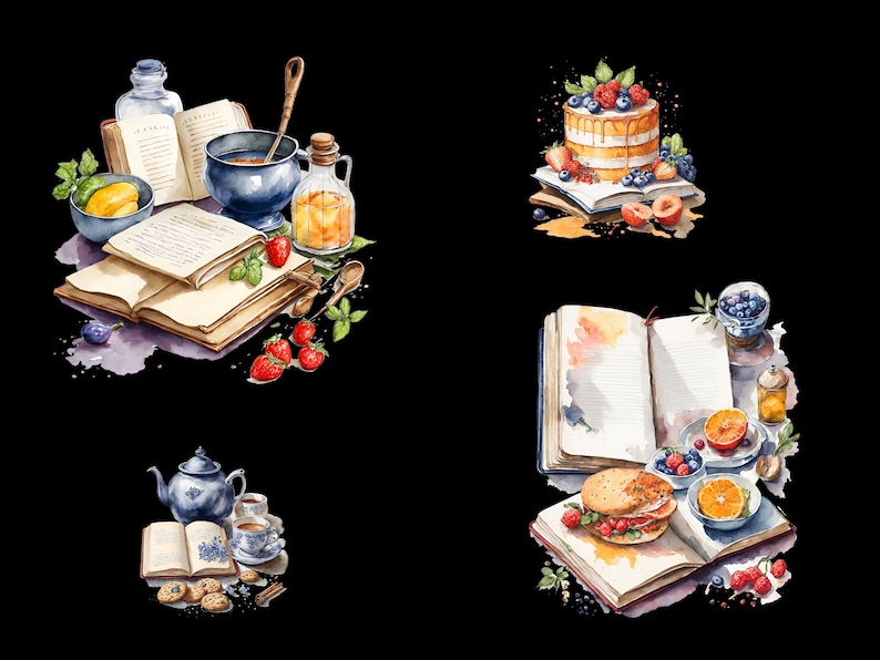 May include: Four watercolor illustrations of food and books. The first image shows a blue bowl of soup, a bottle of liquid, and two open books. The second image shows a cake with berries and a book. The third image shows a teapot, two cups, cookies, and an open book. The fourth image shows a sandwich, a bowl of berries, a bowl of oranges, and an open book.