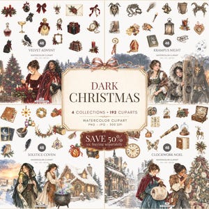 Puede incluir: Una colección digital de 192 elementos de arte prediseñado en acuarela titulada Dark Christmas, que presenta cuatro conjuntos distintos: Velvet Advent, Krampus Night, Solstice Coven y Clockwork Noel. Los gráficos incluyen escenas, figuras y objetos.