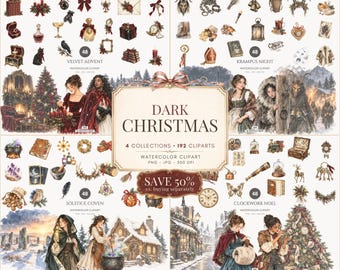 Gothic Christmas Bundle, Dark Holiday PNG, Krampus, Witchy Yule, Digital Download