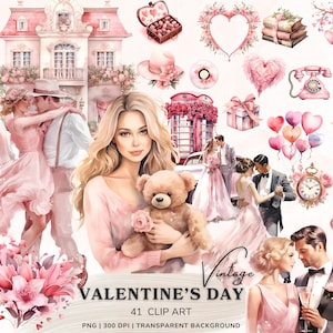 Pacchetto di clipart di San Valentino vintage ad acquerello, Png di San Valentino, Clipart di amore di coppia romantica, Clipart di palloncini a cuore, adesivi digitali