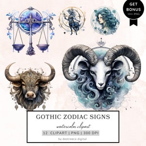 Bundle de cliparts aquarelle signe du zodiaque, Images png de conception d'horoscope, Sticker design signe céleste galaxie fantastique, fabrication de cartes, journal indésirable
