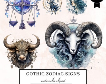 Watercolor Zodiac Sign Clipart Bundle, Horoscope Design Png Images, Fantasy Galaxy Celestial Sign Design Sticker, Card Making, Junk Journal