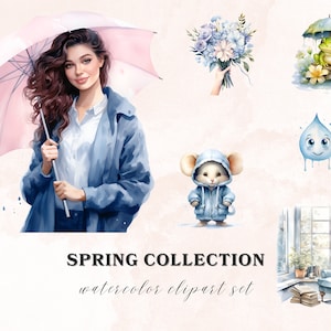 May include: A watercolor clipart set with a spring theme. The set includes a woman holding a pink umbrella, a bouquet of blue flowers, a frog under a green umbrella, a blue raindrop, a mouse wearing a blue hooded jacket, and a window with a blue armchair and books.