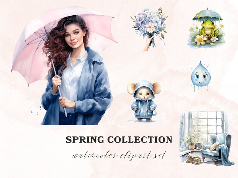 May include: A watercolor clipart set with a spring theme. The set includes a woman holding a pink umbrella, a bouquet of blue flowers, a frog under a green umbrella, a blue raindrop, a mouse wearing a blue hooded jacket, and a window with a blue armchair and books.