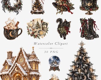 Gothic Christmas Witch Watercolor Clipart, PNG Graphics, Digital Download - 657