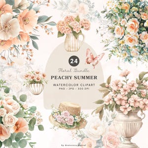 Bundle floral pêche été aquarelle Png, élégant clipart floral, fleurs d'été, esthétique florale, fleur de pêcher Png, téléchargement numérique