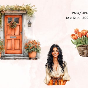 May include: A digital illustration of a woman with long dark hair wearing a white lace top and orange skirt. She is standing in front of a watercolor painting of a house with an orange door and potted plants. The image also includes a bouquet of orange tulips in a wicker basket.