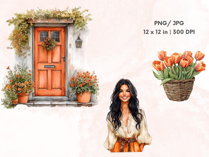 May include: A digital illustration of a woman with long dark hair wearing a white lace top and orange skirt. She is standing in front of a watercolor painting of a house with an orange door and potted plants. The image also includes a bouquet of orange tulips in a wicker basket.
