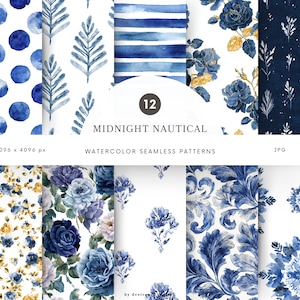 Könnte beinhalten: Eine Sammlung von 12 nahtlosen Aquarellmustern in Blau- und Goldtönen. Designs umfassen Punkte, Streifen, Blumenarrangements und botanische Elemente. Der Text "Midnight Nautical" ist in der Mitte zu sehen.