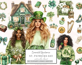 St Patrick's Day Clipart, Emerald Opulence, Irish Green Patrick Clipart, Lucky Clover Png, Cottagecore Aesthetics, St Patrick’s Graphics
