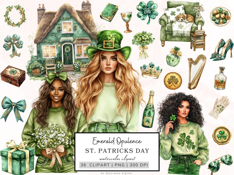 May include: A set of 36 St. Patrick's Day digital clipart illustrations featuring a green cottage, shamrocks, a harp, a woman wearing a green hat, a woman with a bouquet of flowers, and a woman with a shamrock on her sweater. The text "Emerald Opulence ST. PATRICKS DAY watercolor clipart 36 CLIPART | PNG | 300 DPI by destreeco digital" is included in the image.