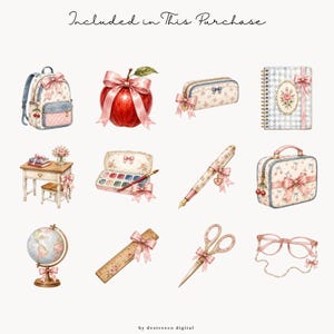 May include: A digital collection of twelve watercolor-style illustrations featuring a backpack, apple, pencil case, notebook, desk, watercolor set, pen, vanity case, globe, ruler, scissors, and glasses, all accented with pink bows and cherry motifs.