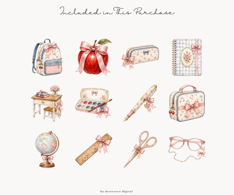 May include: A digital collection of twelve watercolor-style illustrations featuring a backpack, apple, pencil case, notebook, desk, watercolor set, pen, vanity case, globe, ruler, scissors, and glasses, all accented with pink bows and cherry motifs.