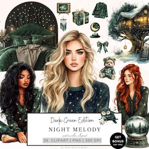 Clipart de noche de acuarela, clipart de niña en pijama acogedor, png de noche de ensueño, paquete de clipart de cottagecore romántico, descarga digital de vida acogedora