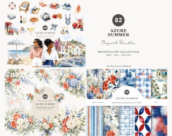 Colección de imágenes prediseñadas de verano en tonos azules, acuarela costera en formato PNG, estética francesa, gráficos náuticos (descarga digital)