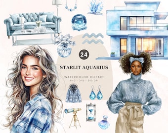 Watercolor Starlit Aquarius Clipart, Zodiac Clipart, Astrology Clipart Set, Elegant Zodiac Graphics, Aquarius Png Graphics, Digital Download