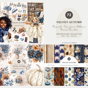 Watercolor Velvet Autumn Clipart Collection, Elegant Autumn Clipart, Cozy Fall Aesthetics Png, Autumn Clipart Set, Fall Graphics Download