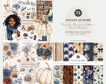 Watercolor Velvet Autumn Clipart Collection, Elegant Autumn Clipart, Cozy Fall Aesthetics Png, Autumn Clipart Set, Fall Graphics Download