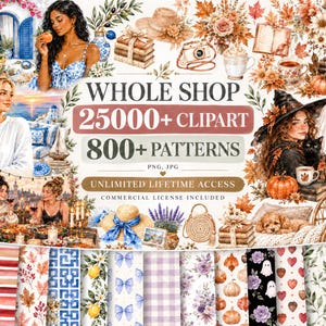 Puede incluir: Una colección digital de más de 25.000 imágenes prediseñadas y 800 patrones con ilustraciones en acuarela de personas, follaje otoñal, calabazas, fantasmas, escenas de viajes, arreglos florales y diversas texturas decorativas en PNG y JPG.
