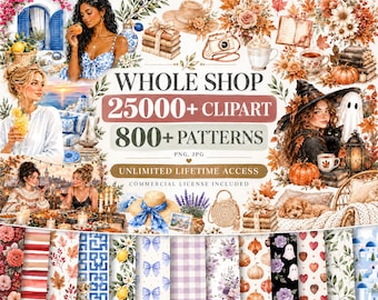 Whole Shop Clipart Bundle, Seamless Patterns Bundle, Watercolor PNG Graphics, Commercial Use