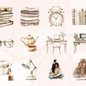 May include: A watercolor illustration set of various cozy and homey items, including a stack of books, a sweater, an alarm clock, a teapot with a cup of tea, a desk with a chair, a lamp, a notebook, and two women reading and writing.