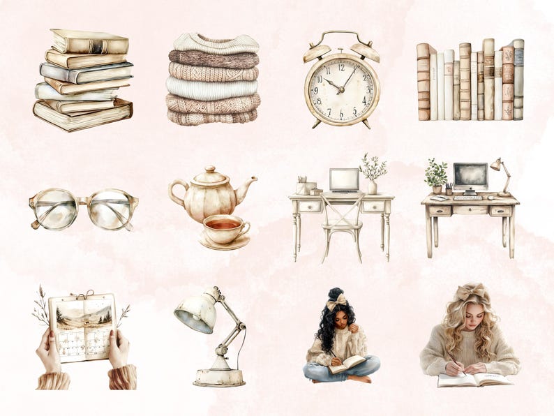 May include: A watercolor illustration set of various cozy and homey items, including a stack of books, a sweater, an alarm clock, a teapot with a cup of tea, a desk with a chair, a lamp, a notebook, and two women reading and writing.