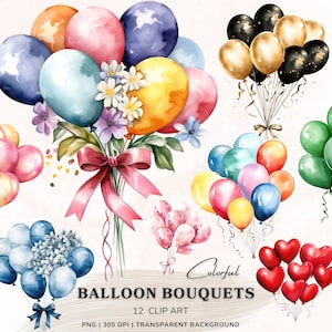 Watercolor Balloons Clipart Bundle, Birthday Balloons, Heart Balloons Png Image, Colorful Balloons, Transparent Background, Digital Download