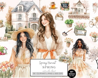 May include: A watercolor clipart set featuring a spring harvest theme. The set includes 36 images of flowers, a house, a bicycle, a woman in a cardigan, a woman in a straw hat, a woman in a dress, a fountain, a shovel, a basket of vegetables, a basket of flowers, a jar of honey, a sign that says "Farm Fresh", a sign that says "Fresh Blossoms", and a sign that says "Spring Harvest SPRING".