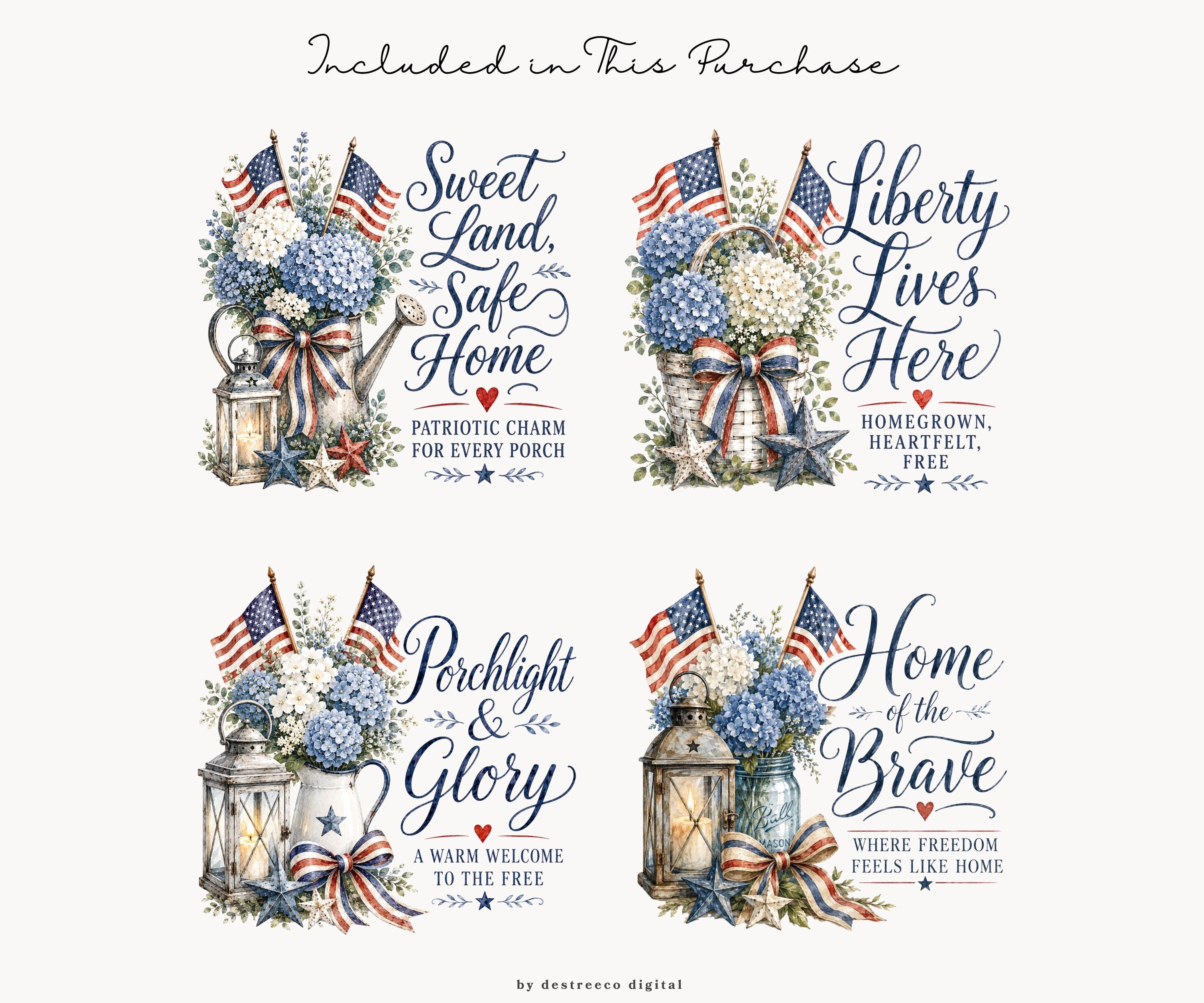 Watercolor Patriotic Clipart, Americana Floral Lantern, 4th of July PNG ...