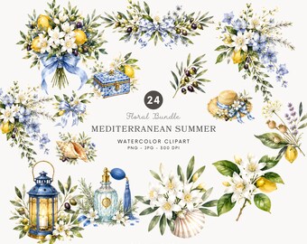Aquarell Mittelmeer Sommer Blumen Clipart, Zitronenblüte PNG, Küsten botanische Grafiken, Olivenzweig Clip Art - 575
