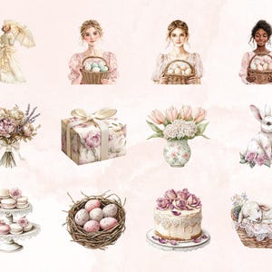 May include: A collection of watercolour illustrations featuring pastel pink and white floral bouquets, a gift box with a floral design, a vase with pink and white flowers, a nest with speckled eggs, a cake with pink roses, a bunny rabbit, a lamb in a basket, and a woman holding a basket of eggs.