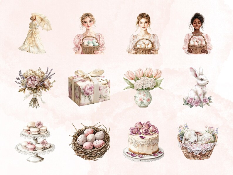 May include: A collection of watercolour illustrations featuring pastel pink and white floral bouquets, a gift box with a floral design, a vase with pink and white flowers, a nest with speckled eggs, a cake with pink roses, a bunny rabbit, a lamb in a basket, and a woman holding a basket of eggs.