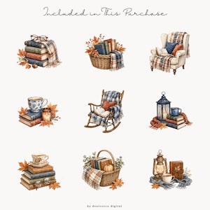 K&ouml;nnte beinhalten: Aquarellillustrationen von gem&uuml;tlichen Herbstszenen. Enth&auml;lt B&uuml;cherstapel, einen Schaukelstuhl, einen Korb mit B&uuml;chern, einen Ohrensessel, eine Laterne und Teetassen, alle mit Herbstbl&auml;ttern und Decken verziert. Der Text lautet "Included in This Purchase".