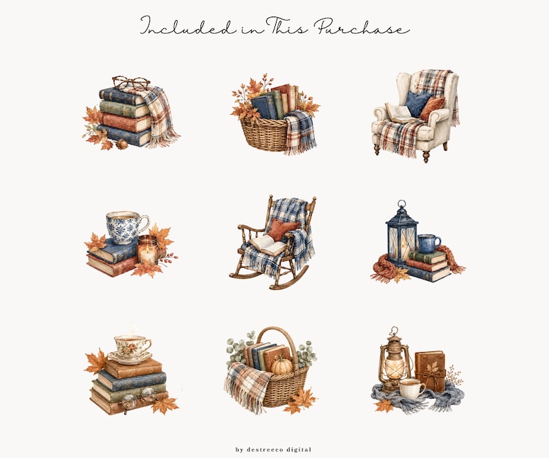 K&ouml;nnte beinhalten: Aquarellillustrationen von gem&uuml;tlichen Herbstszenen. Enth&auml;lt B&uuml;cherstapel, einen Schaukelstuhl, einen Korb mit B&uuml;chern, einen Ohrensessel, eine Laterne und Teetassen, alle mit Herbstbl&auml;ttern und Decken verziert. Der Text lautet "Included in This Purchase".