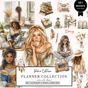 Clipart per ragazza dell’acquerello, clipart Boho di pianificazione, clipart per amante dell’agenda, png per ufficiale estetico, png per ragazza boss, clipart per pianificatore accogliente