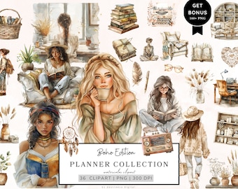 Aquarell Planer Mädchen Clipart, Planung Boho Clipart, Planer Liebhaber Clipart, Journal Ästhetik Png, Boss Mädchen Png, Gemütlicher Planer Clipart