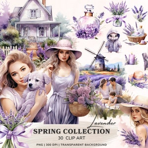 May include: A watercolor illustration set featuring a lavender theme. The set includes a woman holding a basket of lavender, a windmill, a house, a bunny, a candle, a bottle of perfume, a basket of lavender, a couple sitting with a child, a dog, and a woman wearing a hat. The set is perfect for creating digital art, scrapbooking, and other creative projects.