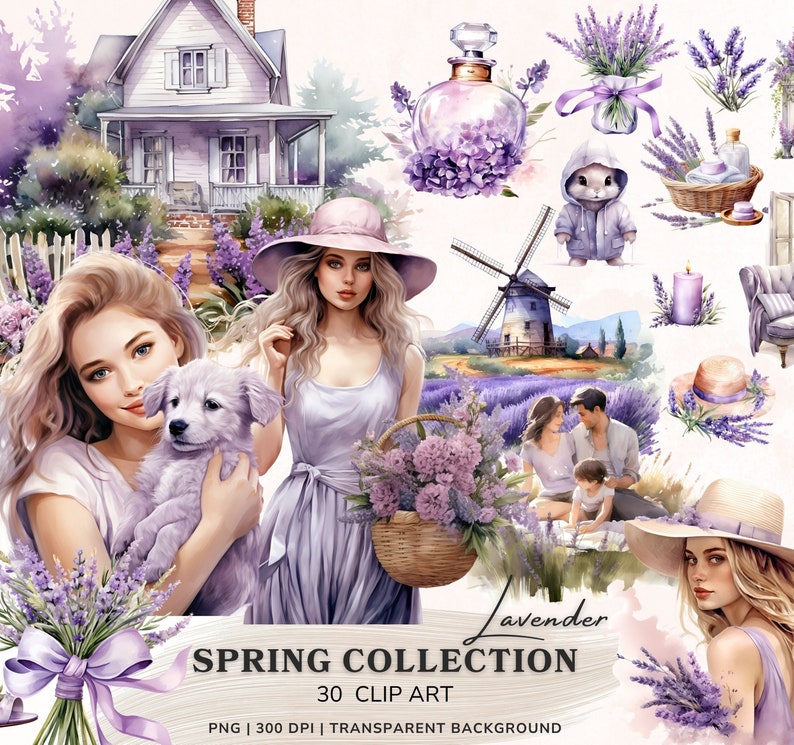 May include: A watercolor illustration set featuring a lavender theme. The set includes a woman holding a basket of lavender, a windmill, a house, a bunny, a candle, a bottle of perfume, a basket of lavender, a couple sitting with a child, a dog, and a woman wearing a hat. The set is perfect for creating digital art, scrapbooking, and other creative projects.