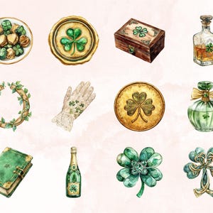 May include: A set of watercolour illustrations featuring various St. Patrick's Day themed items, including a shamrock wreath, a gold coin with a shamrock, a bottle of green liquid, a green and gold clover, a green book with a gold clasp, a bottle of champagne with a shamrock label, a green and gold clover with a knot design, a green and gold clover with a jewel design, a white lace glove with shamrocks, a gold seal with a shamrock, a wooden box with a shamrock design, and a plate of gold shamrock chocolates.