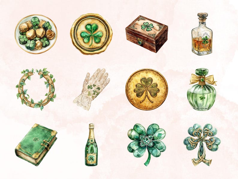May include: A set of watercolour illustrations featuring various St. Patrick's Day themed items, including a shamrock wreath, a gold coin with a shamrock, a bottle of green liquid, a green and gold clover, a green book with a gold clasp, a bottle of champagne with a shamrock label, a green and gold clover with a knot design, a green and gold clover with a jewel design, a white lace glove with shamrocks, a gold seal with a shamrock, a wooden box with a shamrock design, and a plate of gold shamrock chocolates.