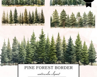 Watercolor Forest Clipart, Pine Forest Border Clipart, Row of Trees Png, Woodland Tree, Forest Landscape, Mixed Media, Digital Download