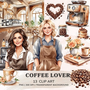 Clipart per gli amanti del caffè, pacchetto di clipart per caffè ad acquerello, caffetteria, Png in chicchi di caffè, adesivi digitali per macchina da caffè, creazione di cartoline
