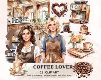 Coffee Lover Clipart, Watercolor Coffee Clipart Bundle, Coffee Shop, Coffee Beans Png, Coffee Machine Digital Stickers, Card Making