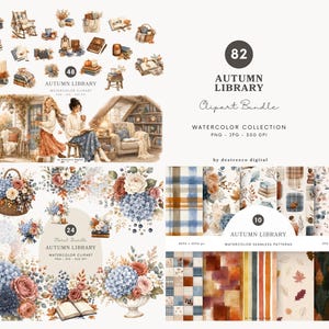 Peut inclure: Un ensemble de cliparts numériques sur le thème de la bibliothèque d'automne. L'image présente des illustrations à l'aquarelle de livres, d'arrangements floraux et de scènes de lecture confortables. Le texte indique "Autumn Library Clipart Bundle".