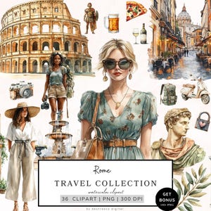 Roma Clipart, Pacote de Clipart de Viagem, Clipart Romântico da Itália, Coliseu, Panteão Png, Comidas Italianas, Pizza Png, Pacote de Clipart de Garota Planejadora