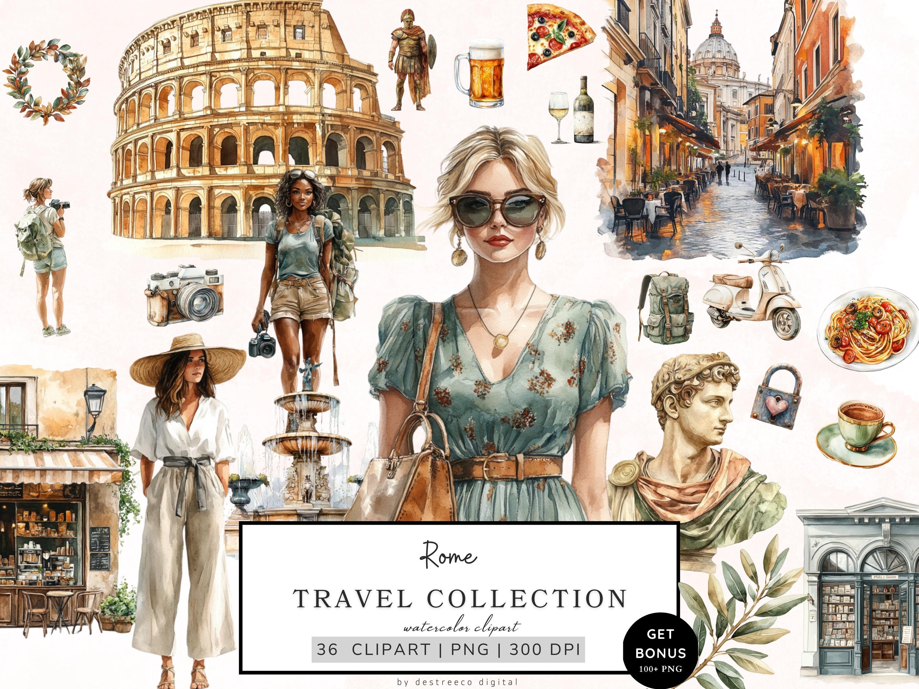 Rome Clipart, Travel Clipart Bundle, Romantic Italy Clipart, Colosseum, Pantheon Png, Italian Foods, Pizza Png, Planner Girl Clipart Bundle