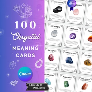 100 Tarjetas con el Significado de los Cristales, Guía Imprimible de Piedras Preciosas (Plantilla Editable de Canva) (Descarga Digital)