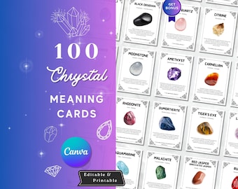100 Crystal Meaning Cards, Printable Gemstone Guide (Editable Canva Template) (Digital Download)