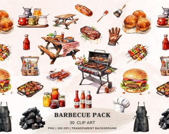 Puede incluir: Un conjunto de 30 imágenes de clip art de barbacoa en acuarela. El conjunto incluye una parrilla, una mesa de picnic, hamburguesas, perritos calientes, brochetas, salsas y carbón. Las imágenes están en formato PNG y tienen un fondo transparente.