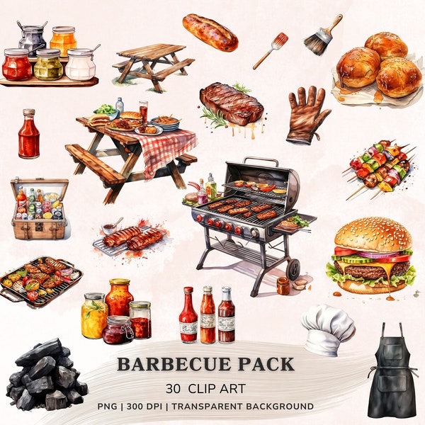 Bundle de cliparts barbecue aquarelle, barbecue Png, cliparts grillades, clipart pique-nique, graphiques barbecue Garden Party, steaks grillés autocollants numériques